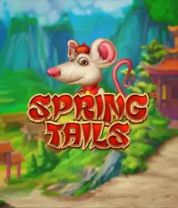 A charming illustration of a mouse wearing a red traditional Chinese outfit positioned in front of a scenic landscape with mountains. The image is for the Spring Tails Slot by Betsoft, highlighted with prominent red and gold logo lettering.